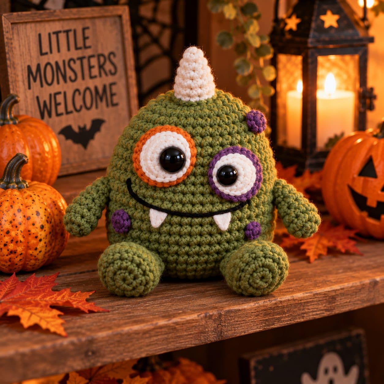 Green crochet monster with one horn, mismatched eyes and a toothy smile among Halloween pumpkins and lanterns