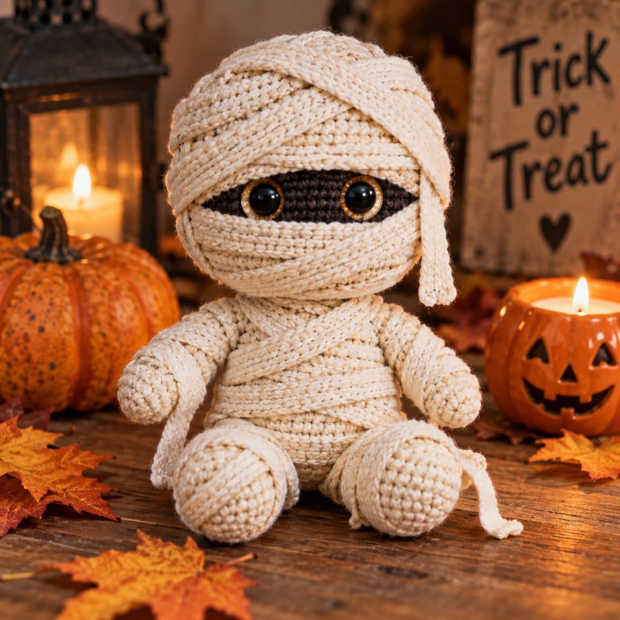 Crochet mummy wrapped in cream bandage strips with peeking eyes, surrounded by pumpkins and autumn leaves