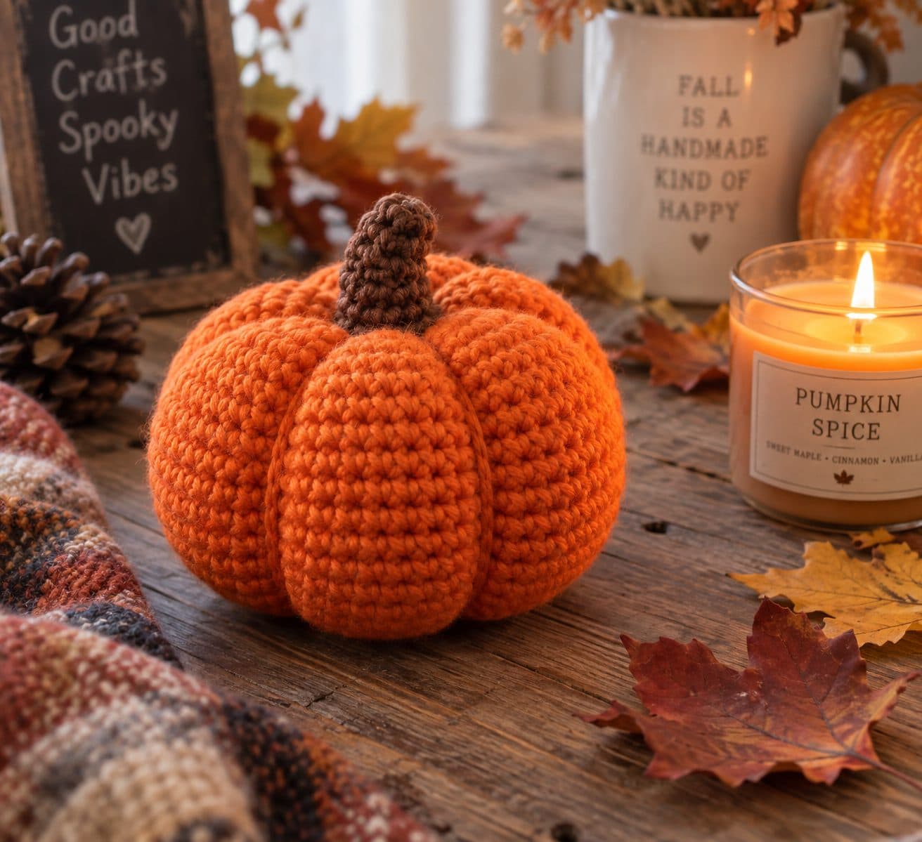 Round orange crochet pumpkin with a brown stem on a rustic table with autumn leaves and a candle