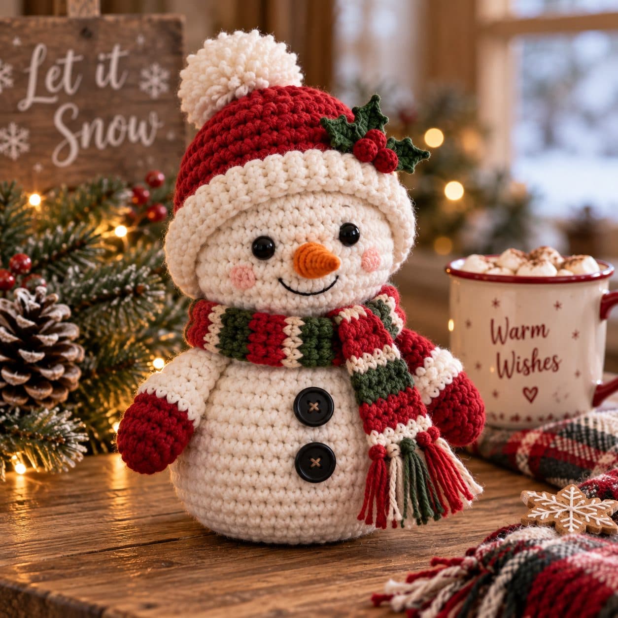 Crochet snowman in a red beanie and striped scarf beside pine branches and a mug of cocoa