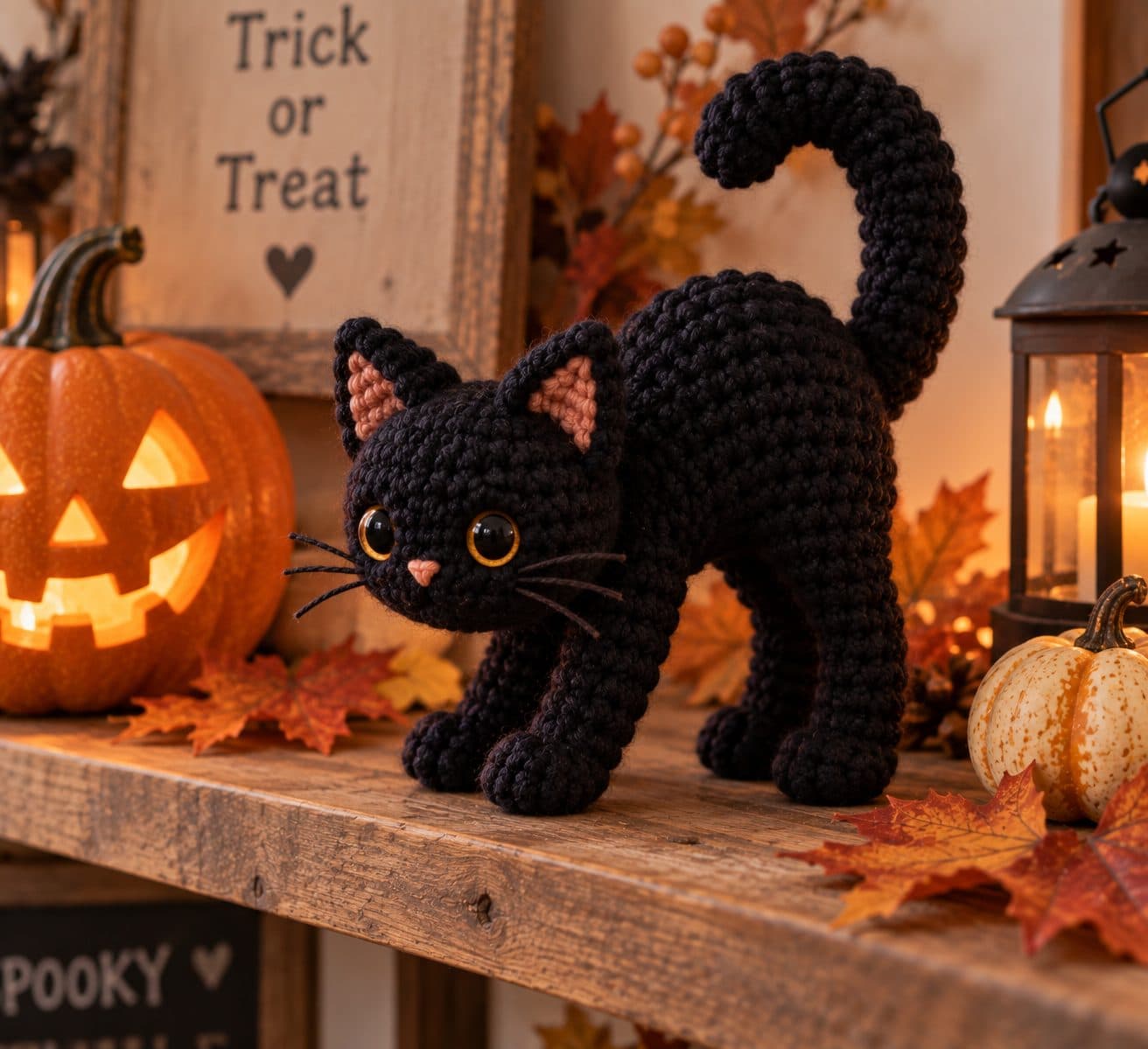 Black crochet cat with an arched back and curled tail beside carved pumpkins