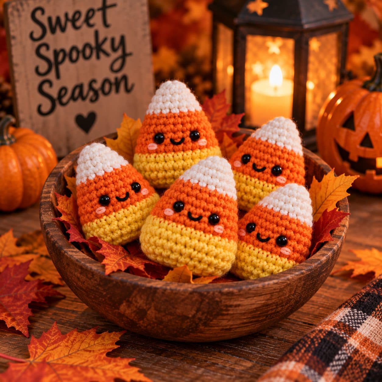 Crochet candy corn shapes in yellow, orange and white with smiling faces in a wooden bowl