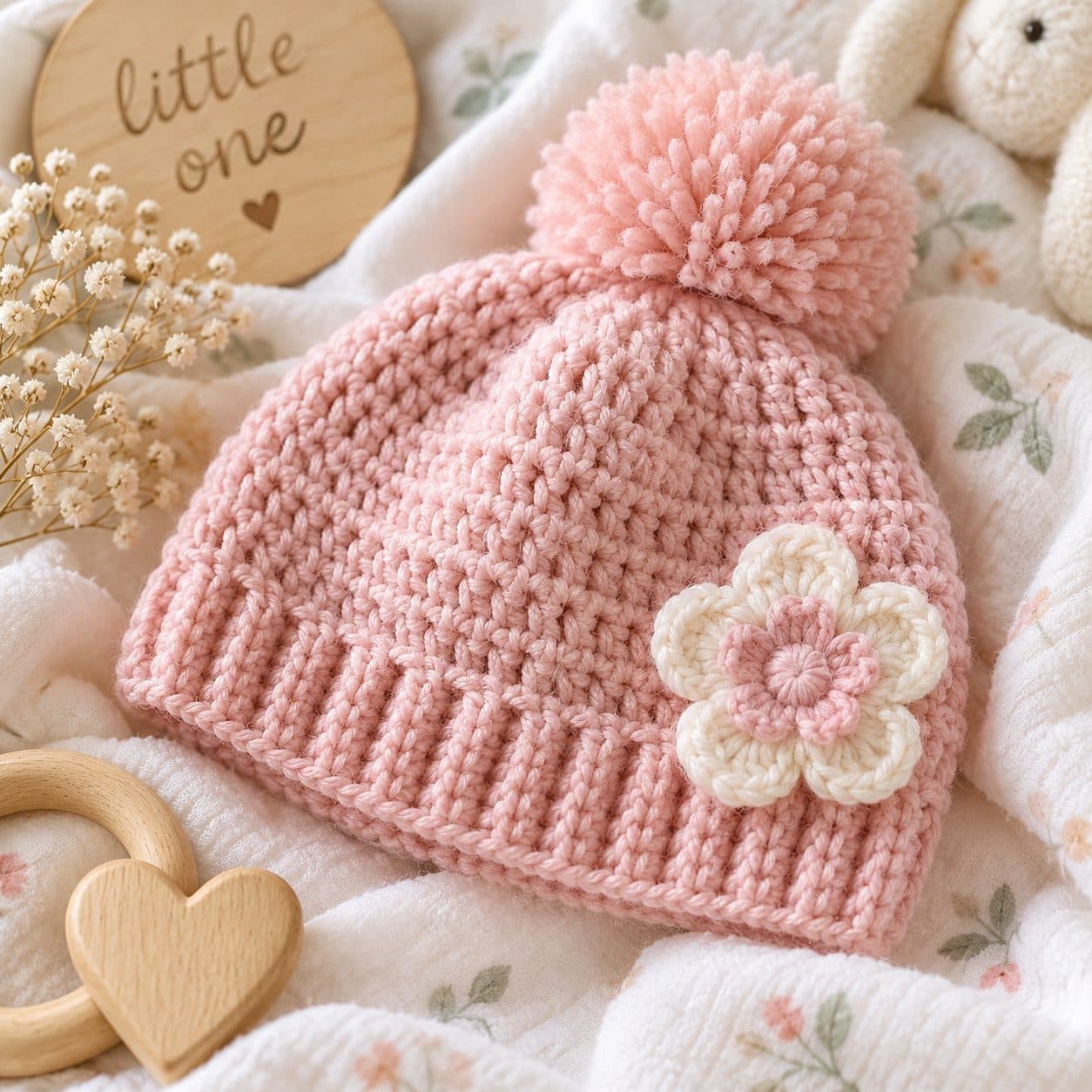 Pink crochet baby beanie with a pom-pom and a cream flower, lying on a soft blanket