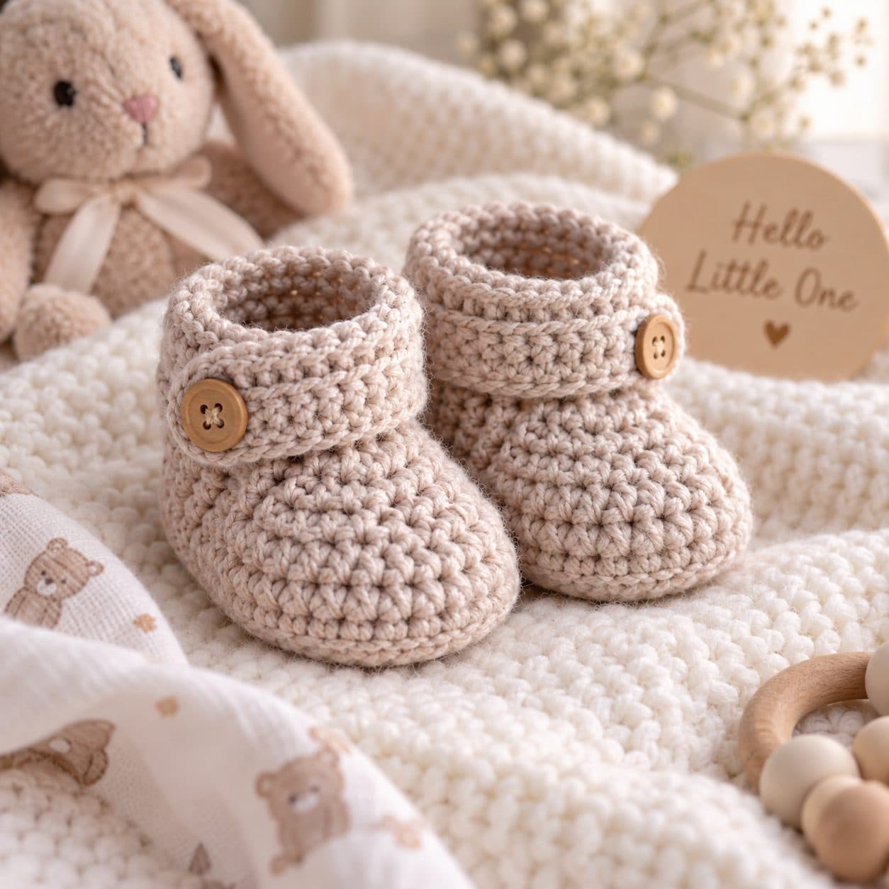 Pair of beige crochet baby booties with button straps on a cream knit blanket