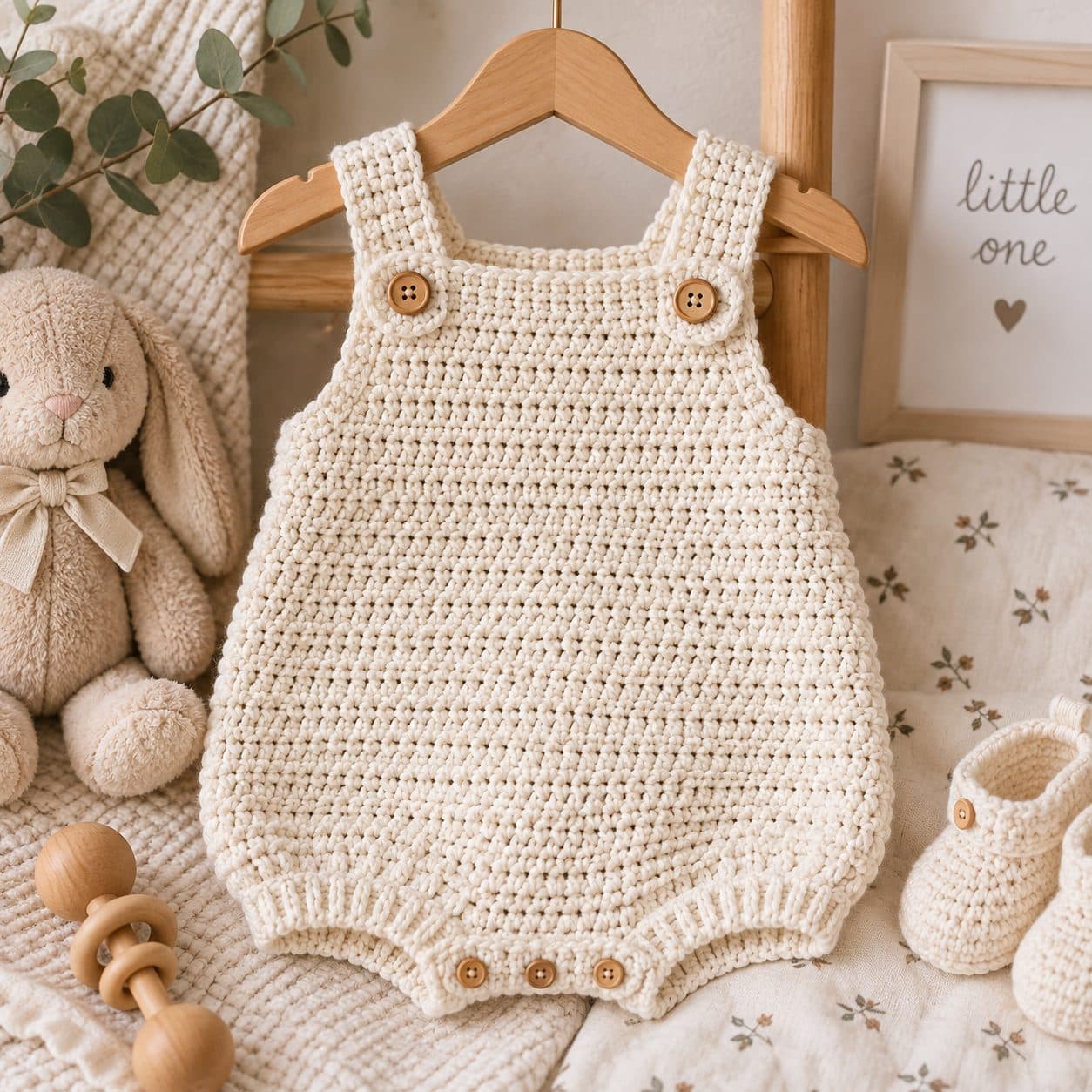 Cream crochet baby romper with button shoulder straps hanging on a wooden hanger in a nursery