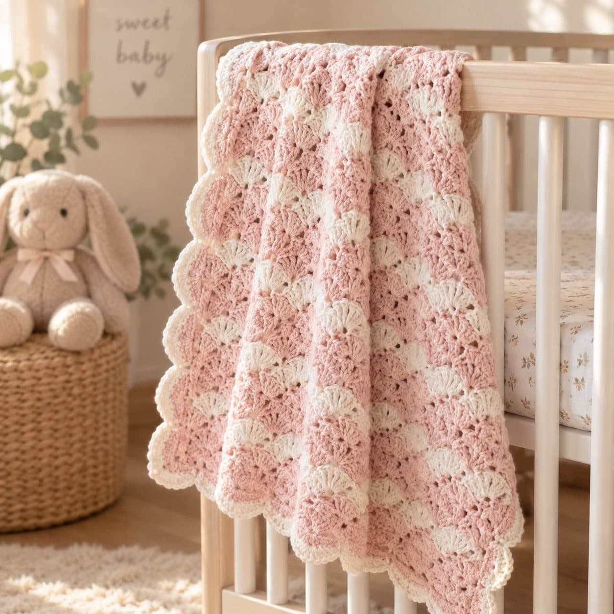 Pink and white shell-stitch crochet baby blanket draped over the side of a crib