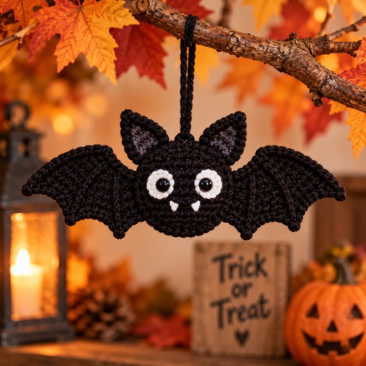 Black crochet bat ornament with white eyes and spread wings hanging from a branch with autumn leaves