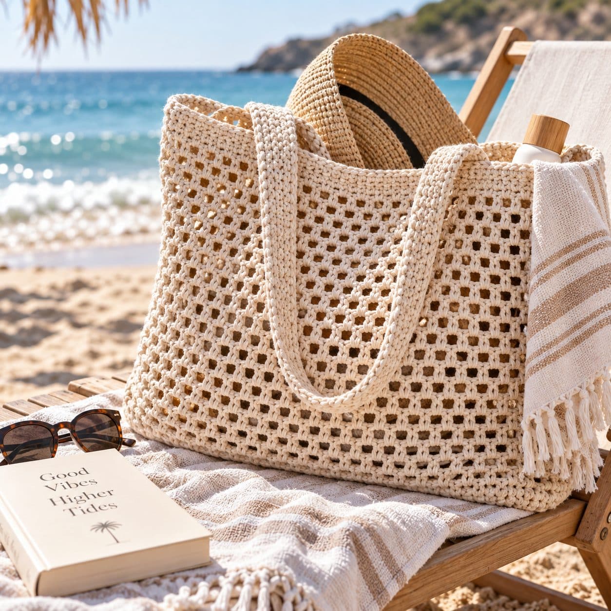 Cream open-mesh crochet tote bag on a beach chair with a straw hat and sunglasses by the sea