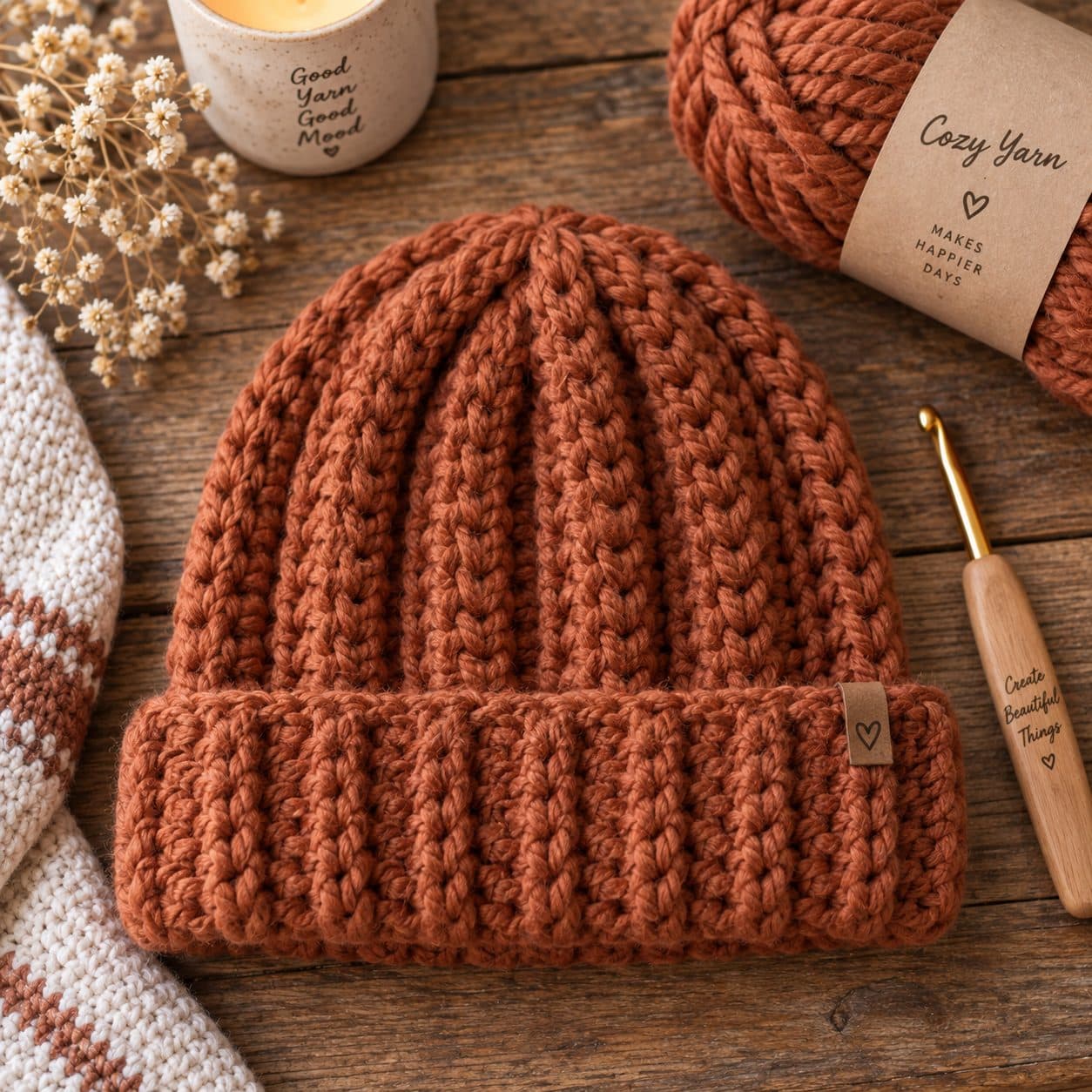 Rust-coloured ribbed crochet beanie beside bulky yarn and a crochet hook on a wooden table