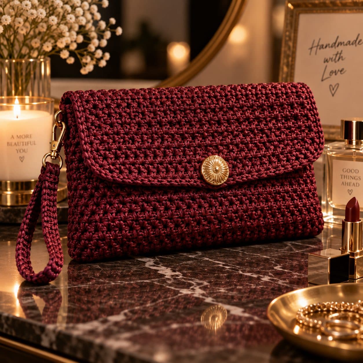 Burgundy crochet clutch purse with a fold-over flap, gold button and wrist strap on a marble surface
