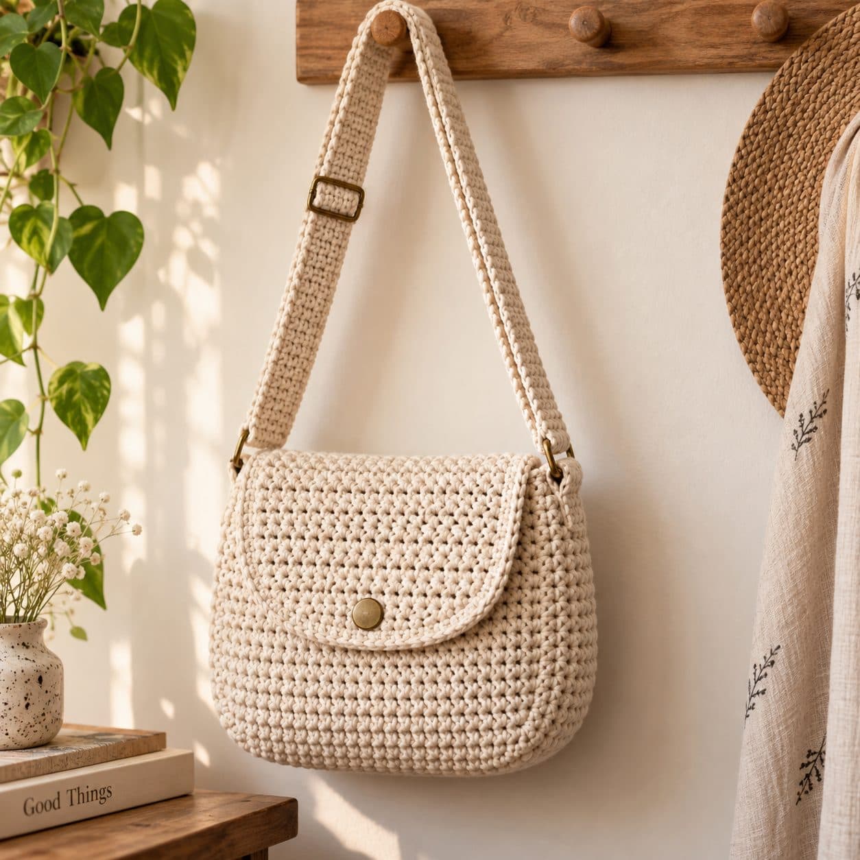 Cream crochet crossbody bag with a flap, button closure and long strap hanging on a wall hook