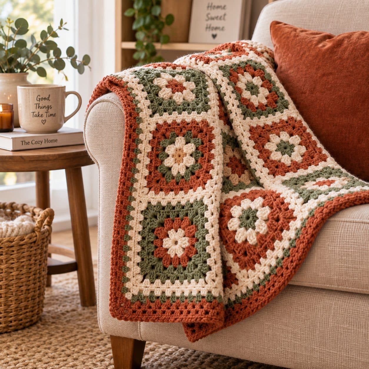 Granny square crochet blanket in rust, green and cream draped over a sofa