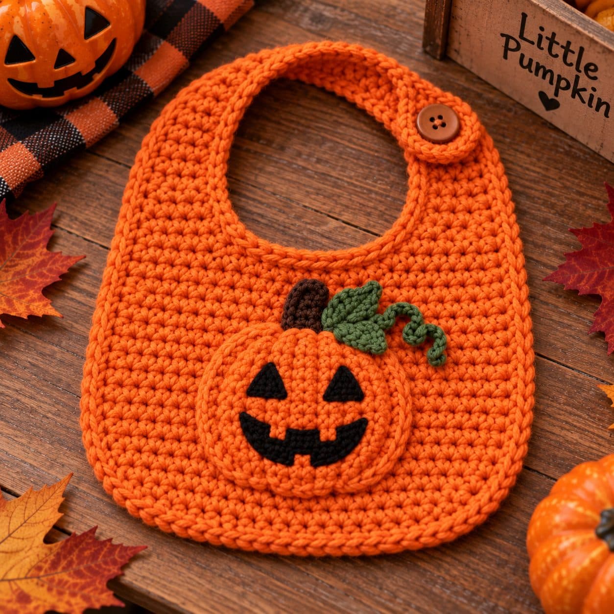 Orange crochet baby bib with a jack-o'-lantern pumpkin appliqué and a button closure