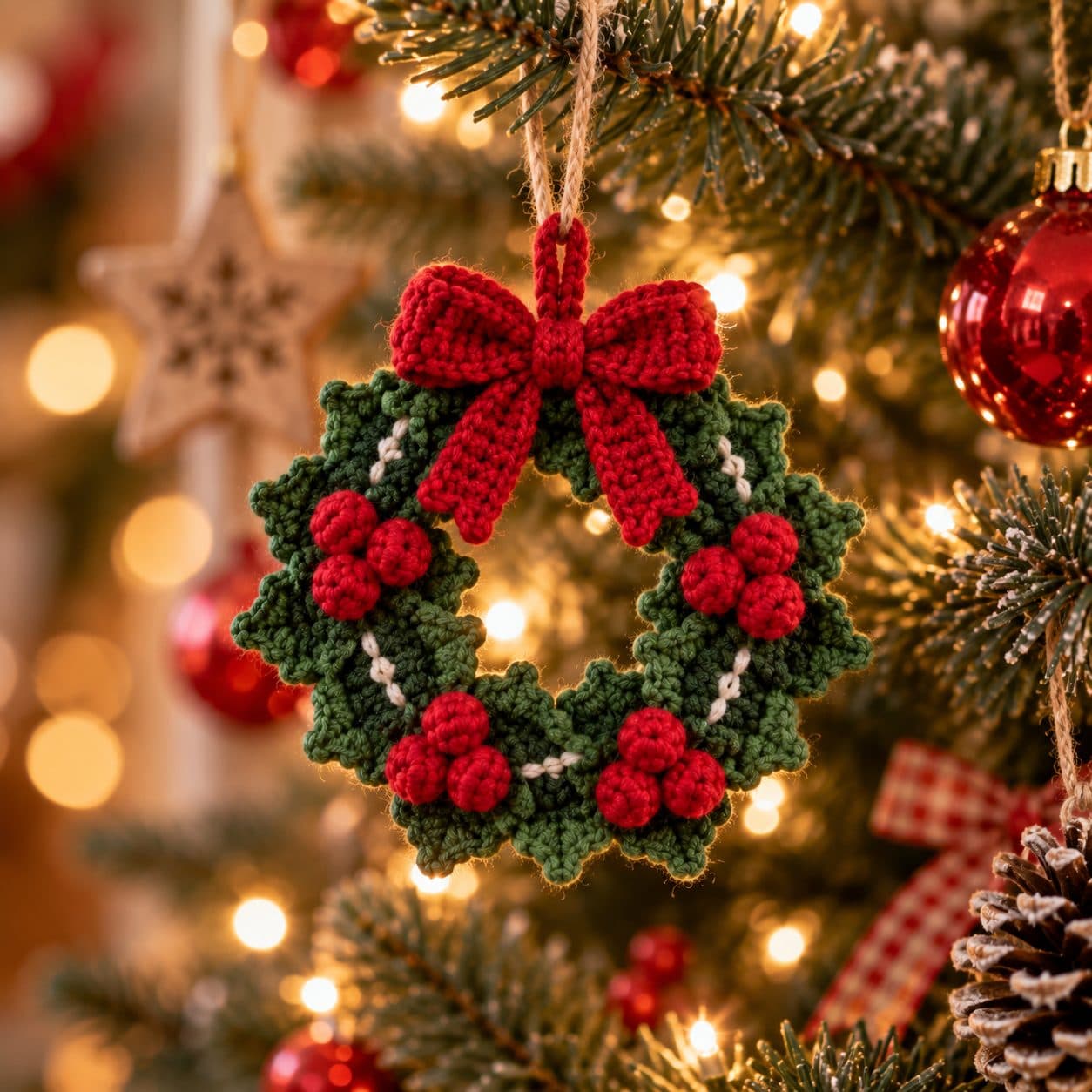 Small crochet wreath of green holly leaves with red berries and a red bow hanging on a Christmas tree