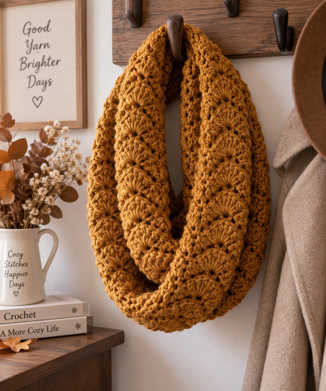 Mustard-yellow shell-stitch crochet infinity scarf hanging on a wall hook