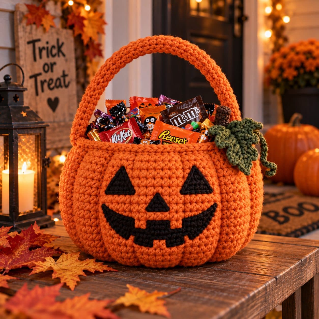 Orange crochet pumpkin basket with a jack-o'-lantern face, filled with candy