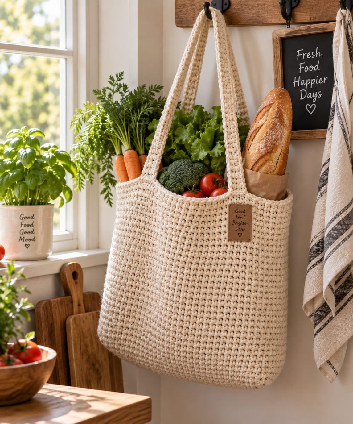 Cream crochet market tote holding vegetables and a baguette, hanging in a bright kitchen