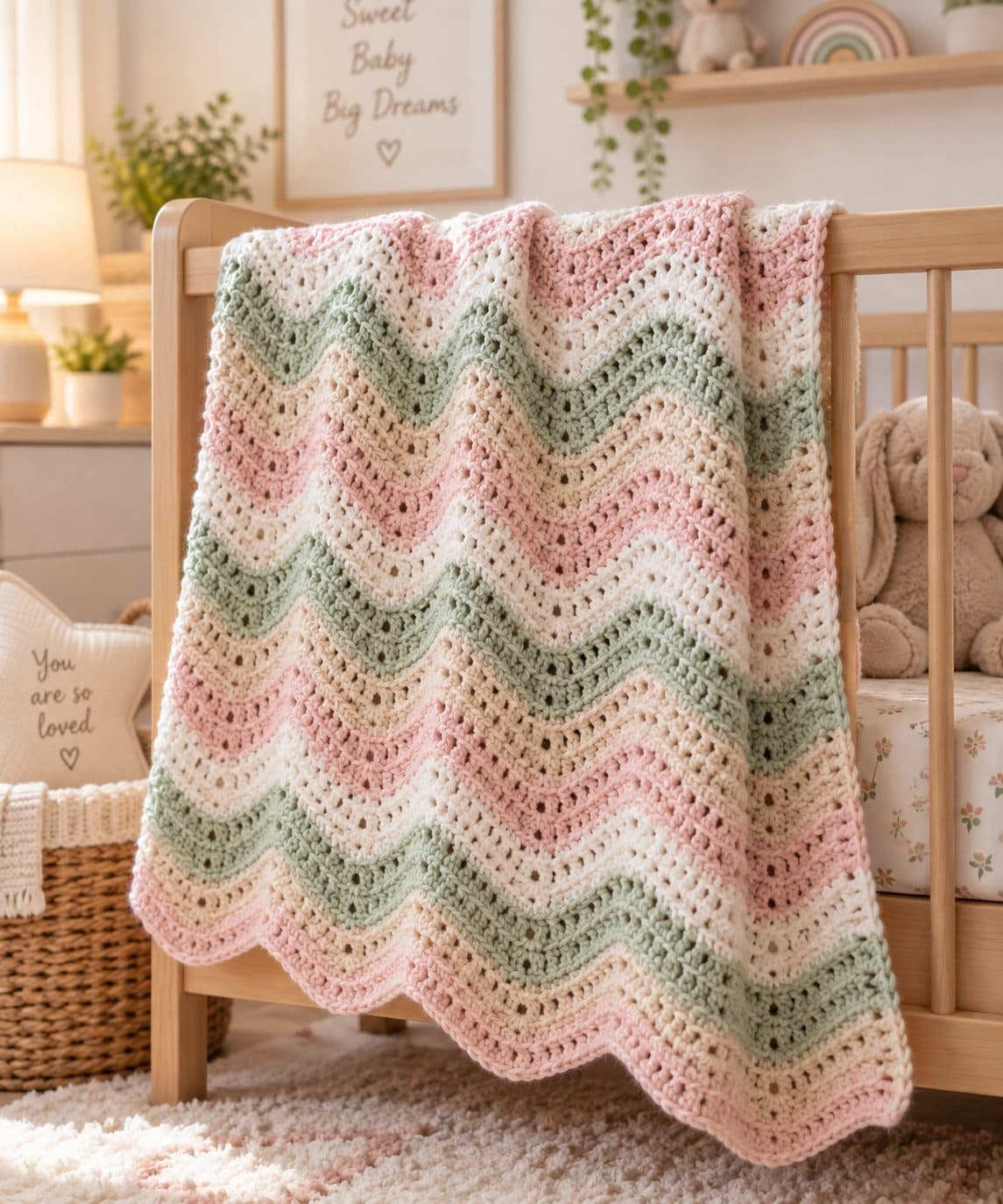 Pink, green and cream ripple-stitch crochet baby blanket draped over a crib