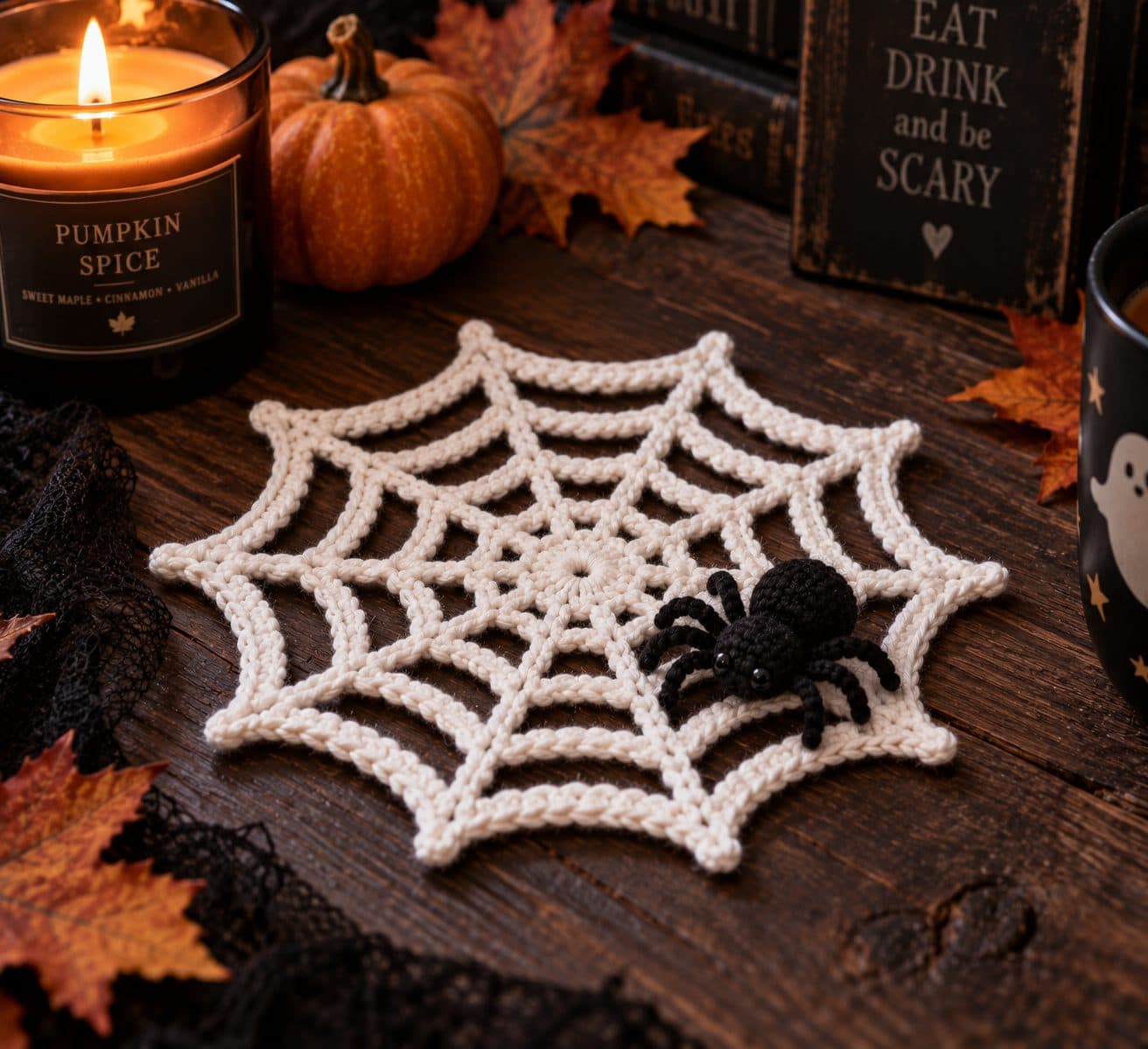 White crochet spiderweb coaster with a small black crochet spider on a dark wooden table