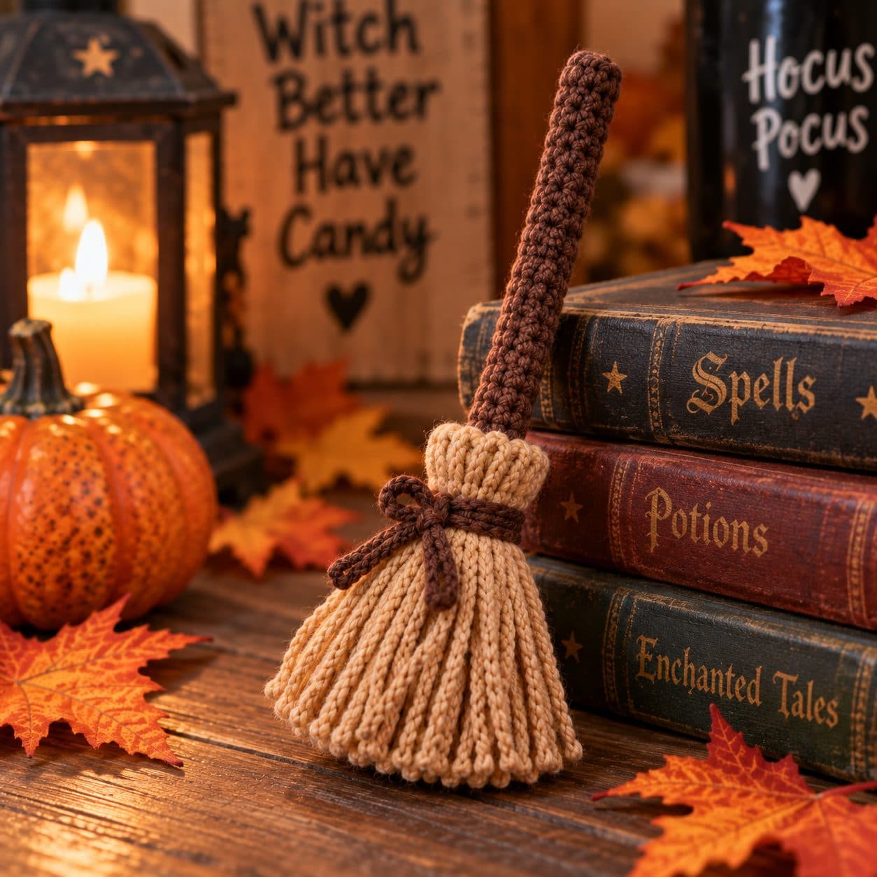 Small crochet witch broom with a brown handle and tan bristles leaning on old books